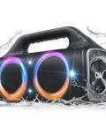 IPX67 Waterproof Bluetooth Speaker With 80W Peak Power Deep Bass And LED Lights, water splashes, front view