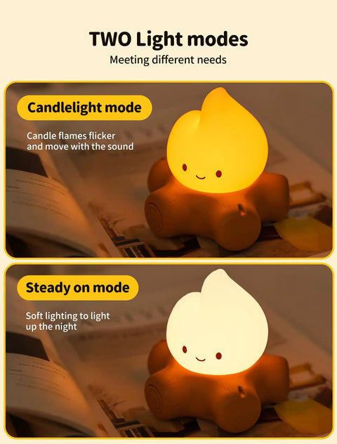 Lit Campfire Night Light Portable Flameless Candle with white noise showing candlelight and steady modes for kids' bedroom.