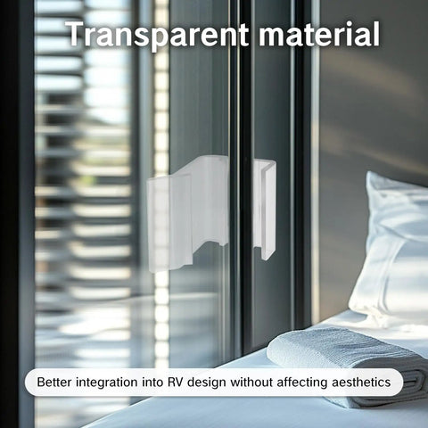4 Pack RV Sliding Door Latches Set For Motorhomes And Campers Clear Mirror Closet Latches on glass door in a bedroom