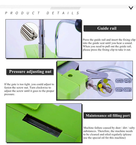 Close-up view of Smooth Operator Manual Bag Clipper Sealer Stapler detailing the guide rail and pressure adjusting nut features.