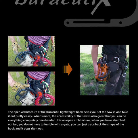 DuracutiX Aluminum Hook for Tree Climber securing chainsaw, showcasing one-hand quick removal and installation, compatible with Shembiner XL.
