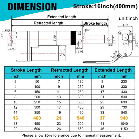 Technical diagram and dimensions of Beefed Up 16 Inch 12V Linear Actuator With 1.34 Inches Per Second Speed and 88 Lbs Load