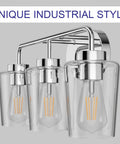Three Light Industrial Style Bathroom Vanity Fixture In Stainless Steel Chrome Finish With Clear Glass Shades