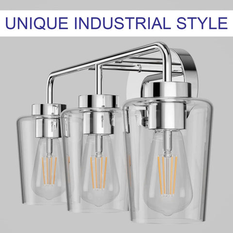 Three Light Industrial Style Bathroom Vanity Fixture In Stainless Steel Chrome Finish With Clear Glass Shades