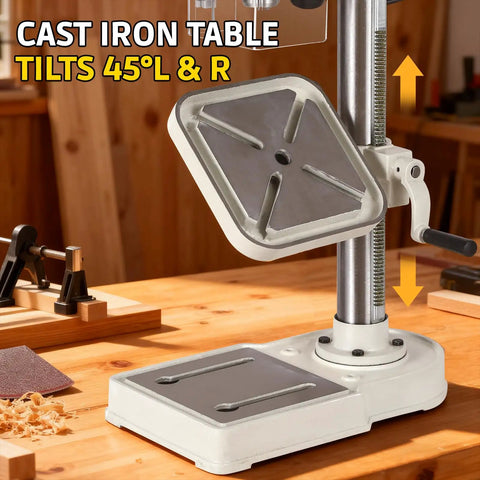 10 Inch Benchtop Drill Press With Variable Speed From 50 To 3000 RPM Cast Iron Table And Base in workshop setting