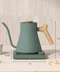 Gooseneck Pour Over Coffee Kettle With Precise Temperature Control Quick Heat Up Brew Timer And Scheduling Stainless Steel Point Nine Liter Matte Black For Barista Level Flavor Every Morning, front view with dimensions.