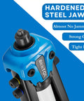 Two Handed Heavy Duty Rivet Gun Kit with 13 Inch Reach close-up on blue head and hardened steel jaws.