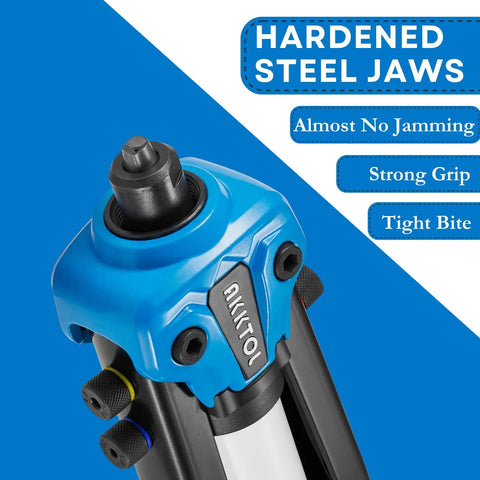 Two Handed Heavy Duty Rivet Gun Kit with 13 Inch Reach close-up on blue head and hardened steel jaws.