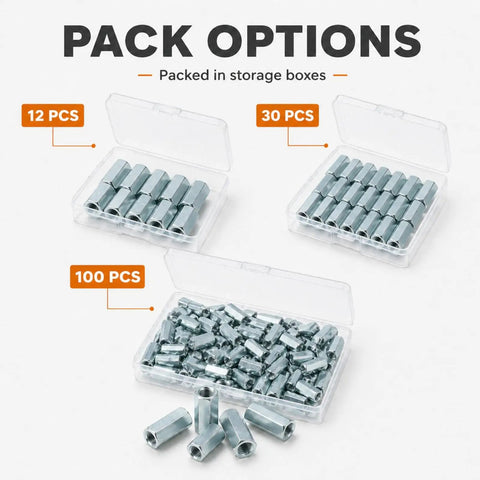 Heavy Duty 1/2-13 Hex Coupling Nut Set With Zinc Plated Carbon Steel Rod Connectors 1-3/4 Inch Length 30-Piece Industrial Joint Kit, pack options