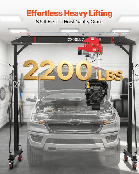 Heavy Duty Gantry Crane With 2200 Lb Capacity And Electric Hoist over a truck engine in a garage setting.
