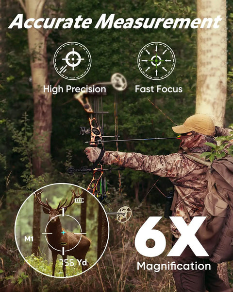 Precision Hunting Rangefinder With Laser Optics For Bow Rifle Shooting Featuring Dead On Angle Measurements Target Lock Vibration Alerts Lightning Fast Scanning Rechargeable Battery Power And Durable Carry Case Included