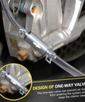 Close-up of Two Pack Brake Bleeder Hose Kit With Nozzle Cap And Clamp For Cars, Bikes And EVs, showing one-way valve design in use.