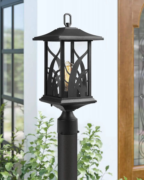 Outdoor Post Light Set 21 Inch Tall Cast Aluminum Pier Mount Lantern With Base Black Exterior Finish Clear Glass Panels