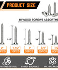Stainless Steel No 8 Wood And Sheet Metal Screws Kit 200 Pc Assortment Phillips Drive size chart with various lengths.