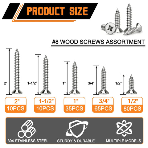 Stainless Steel No 8 Wood And Sheet Metal Screws Kit 200 Pc Assortment Phillips Drive size chart with various lengths.