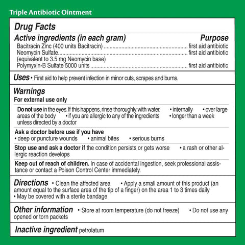 Triple antibiotic ointment drug facts label with active ingredients, uses, warnings, and directions