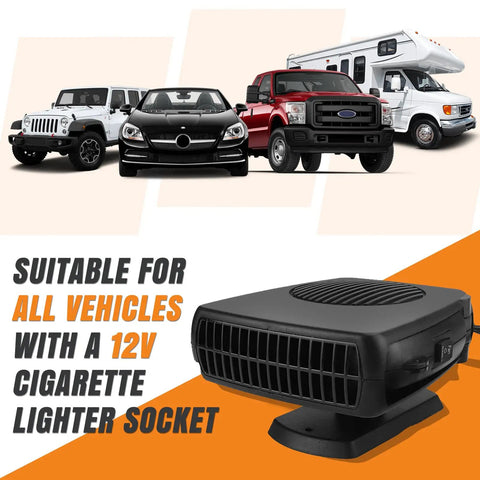 200W 12V Car Heater And Cooler plugs into your cigarette lighter, suitable for all vehicles for windshield defrost and visibility.
