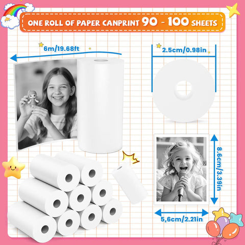5 Rolls Kids Instant Print Paper Refill For Kids Cameras, Thermal Paper 55x25mm, 180 Sheets With Cute Stickers, Scratch Resistant And BPA Free, Fits Most Instant Print Cameras For Kids, Easy Load And Long Lasting Fun. white thermal paper rolls with 55x25mm size