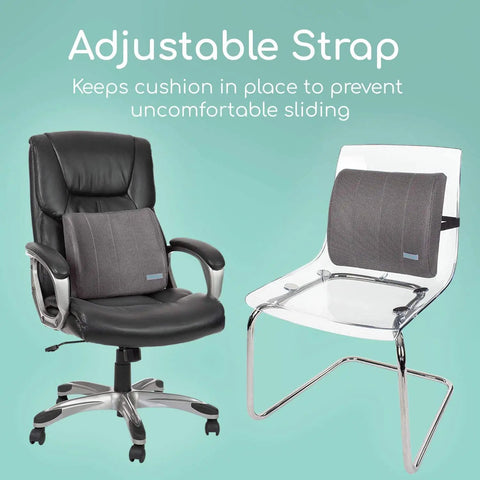 Heavy Duty Lower Back Support Pillow Lumbar Cushion For Office Chair Car Gaming with adjustable strap on black and clear chairs.