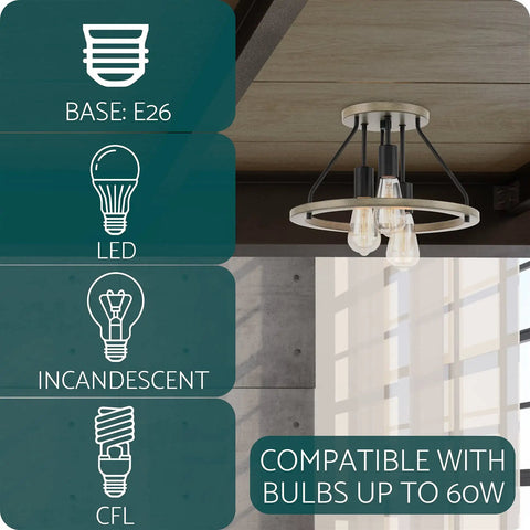 14-Inch 3-Light Rustic Farmhouse Flush Mount Ceiling Light With Metal Shade In Smoked Birch Finish, bulb compatibility details