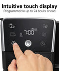 Person using the control panel of Two Way Programmable Drip Coffee Maker For Hot And Iced Brews With Single Serve Option