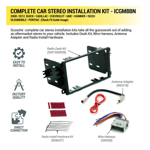 Double Din Radio Installation Dash Kit For Select 2000-2012 General Motors Vehicles No Wire Cutting Plug And Play Factory Fit Car Stereo Install Kit Complete Basic Package With Clear Fit Guide showing dash frame, wiring harness, and antenna adapter