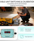 Industrial Load Cell Amplifier Transmitter With Unit Switching For Scales And Automation Converts Microvolt Signals To Four To Twenty Milliamps Or Zero To Ten Volt Output Auto Calibration Five Volt Excitation And One To Ninety Nine Digital Filtering Easy, shown with technician and equipment on factory floor.