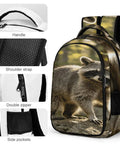 Woodland Raccoon Print Backpack For Everyone With Large Capacity Unisex Everyday Go To Daypack, showing raccoon design and features