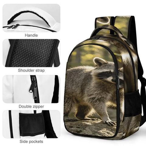 Woodland Raccoon Print Backpack For Everyone With Large Capacity Unisex Everyday Go To Daypack, showing raccoon design and features