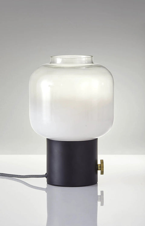 Lewis Table Lamp In Matte Black With Dope Antique Brass Accent, Glass Shade Fades From White Bottom To Clear Top, Big Round Knob Switch