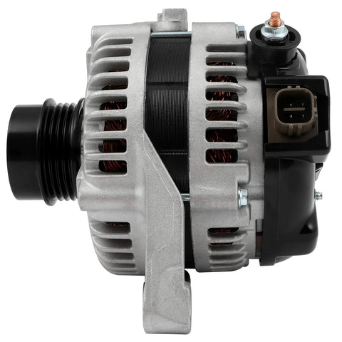 Side view of Beefed Up Power 100 Amp Alternator Replacement For Toyota Camry 2012 2015 2.5L, RAV4 2009 2012 2.5L, Scion tC 2011 2016 2.5L With CW SD6 Pulley OE Replacement 11402N 2706036010 showing pulleys and connectors.