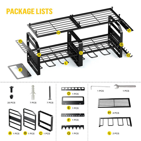 Heavy Duty Wall Mounted Tool Organizer Rack With Six Drill Holders And Four Hangers for Power Tools Package List Display