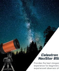 NexStar 8SE Computerized Telescope Bundle With 8-Inch Schmidt-Cassegrain Optics against a starry night sky backdrop.