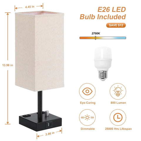 Fully Dimmable Nightstand Lamps Set Of 2 With Stepless Dimming Rotary Switch, USB C And USB A Charging Ports, beige linen shade