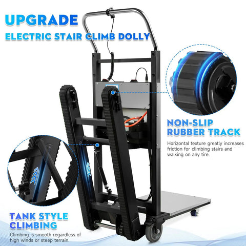 Electric Stair Climbing Dolly 1250W Motorized Hand Truck With Telescopic Handle Beast Mode Heavy Duty Cart Up To 900 Lb Load 3 Mode Power Assist Aluminum Frame With Non Slip Tires For Moving Heavy Gear Up Stairs Black Track, non-slip rubber track close-up
