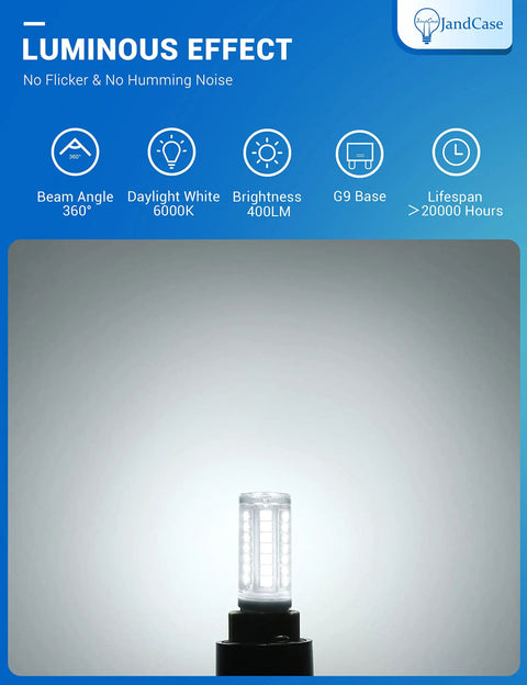 G9 LED Bulbs 5W Equal To 40W Halogen, 6000K Daylight White, 400 Lumens, G9 base, luminous effect illustration, product features