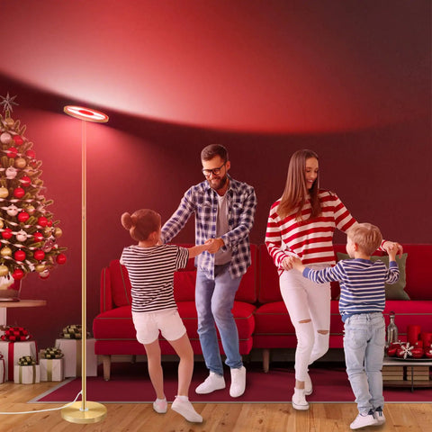 Family dancing near Upgraded LED Floor Lamp With Up Down Lighting, 2000 Lumen, RGBCW 16 Million Color Changing next to a Christmas tree