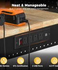 Close-up of built-in power strip on 48 Inch Heavy Duty Adjustable Height Work Bench With 2000 Lbs Capacity, rubberwood top