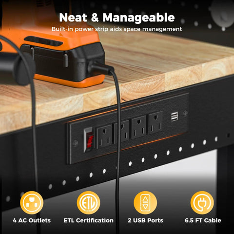Close-up of built-in power strip on 48 Inch Heavy Duty Adjustable Height Work Bench With 2000 Lbs Capacity, rubberwood top
