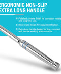 Handle of Extra Long 12 Inch Three Eighths Inch Drive Ratchet Wrench With Ninety Tooth Gear Dust Proof Teardrop Enclosed Head