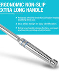Professional Grade Heavy Duty Ratchet Set 3 Piece Extra Long 90 Tooth Chrome Vanadium Steel handle with blue stripe design.