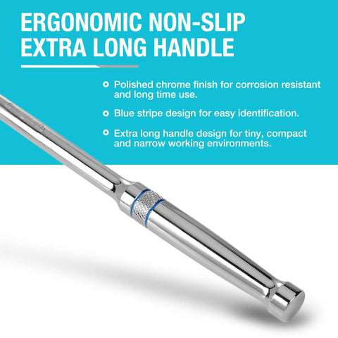 Professional Grade Heavy Duty Ratchet Set 3 Piece Extra Long 90 Tooth Chrome Vanadium Steel handle with blue stripe design.