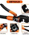 Heavy Duty Hydraulic Crimping Tool Kit With Cable Cutter And Nine Die Sets For Twelve AWG To Two Zero AWG Wires Includes Forty Copper Wire Lugs Pro Electrician Crimper For Terminal Crimping DIY And Professional Grade showing details of ergonomic handle, clamp head, and return spring.