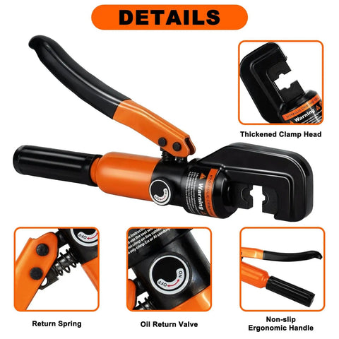 Heavy Duty Hydraulic Crimping Tool Kit With Cable Cutter And Nine Die Sets For Twelve AWG To Two Zero AWG Wires Includes Forty Copper Wire Lugs Pro Electrician Crimper For Terminal Crimping DIY And Professional Grade showing details of ergonomic handle, clamp head, and return spring.