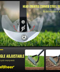 Close-up of Long Handle Thatch Rake For Lawns With Adjustable Head Manual Dethatcher showing curved steel teeth and adjustable angle.