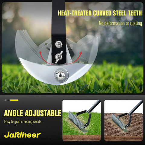 Close-up of Long Handle Thatch Rake For Lawns With Adjustable Head Manual Dethatcher showing curved steel teeth and adjustable angle.