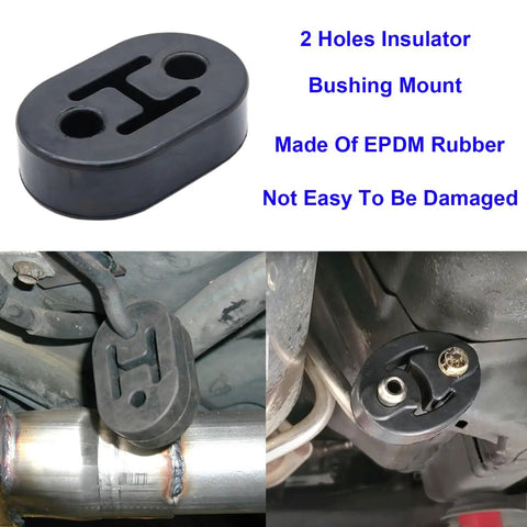 Beefed Up Exhaust Hanger Rod Set Kit with 2 Hole Insulator Mounts on car, installed rubber muffler hanger, close-up view.
