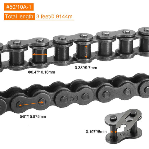 Number 50 Roller Chain 57 Links Three Feet Long Five Eighth Inch Pitch Carbon Steel Chain shown in detailed view with measurements.
