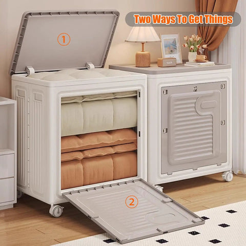 Heavy Duty Foldable Storage Bin With Lid Gray Extra Large 120L Capacity Wheels Smooth Glide For Closet Bedroom Living Room with blankets inside.