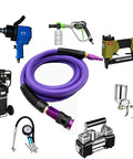 Beefy Hybrid Air Compressor Hose 1/4 Inch By 10 Foot, 300 PSI Heavy Duty All Weather Flex With Aluminum Couplers And Bend Resistors, Go-To Shop Floor Ready Purple Gear with tools